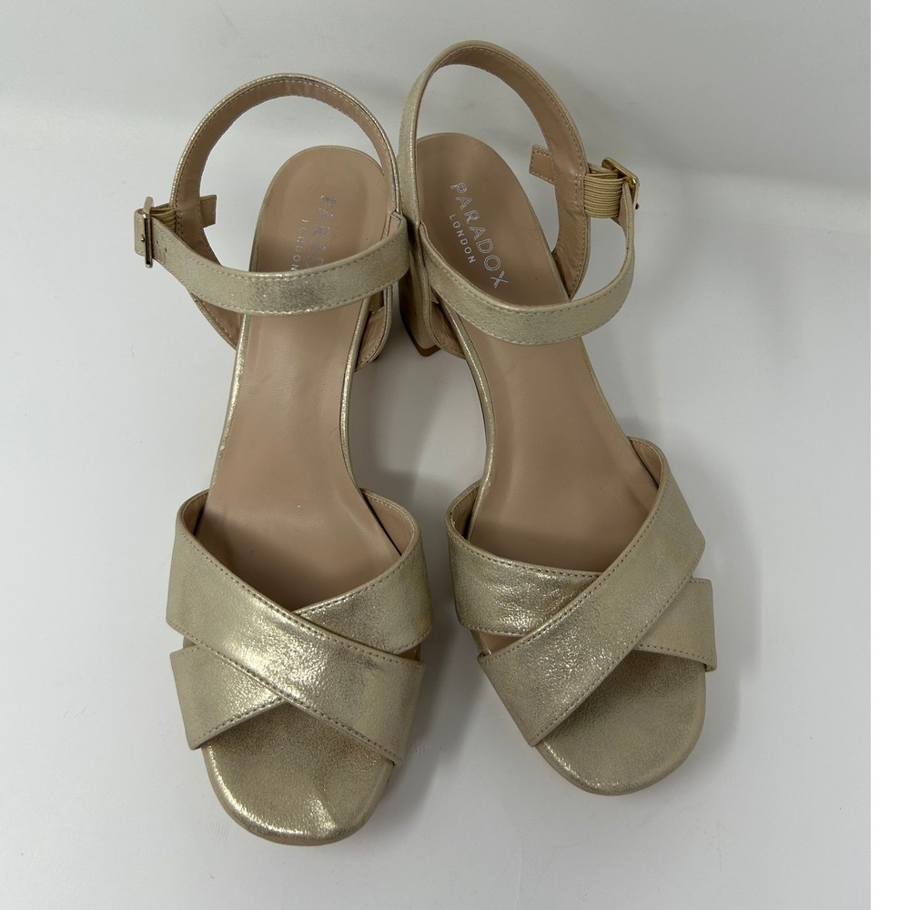 Paradox London Gold Metallic Platform Block Heel Ankle Strap Sandals Womens Sz 9